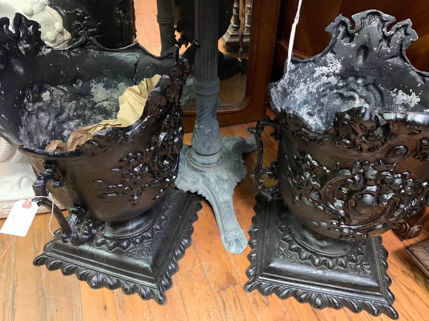 762. Antique ornate black planters/pair