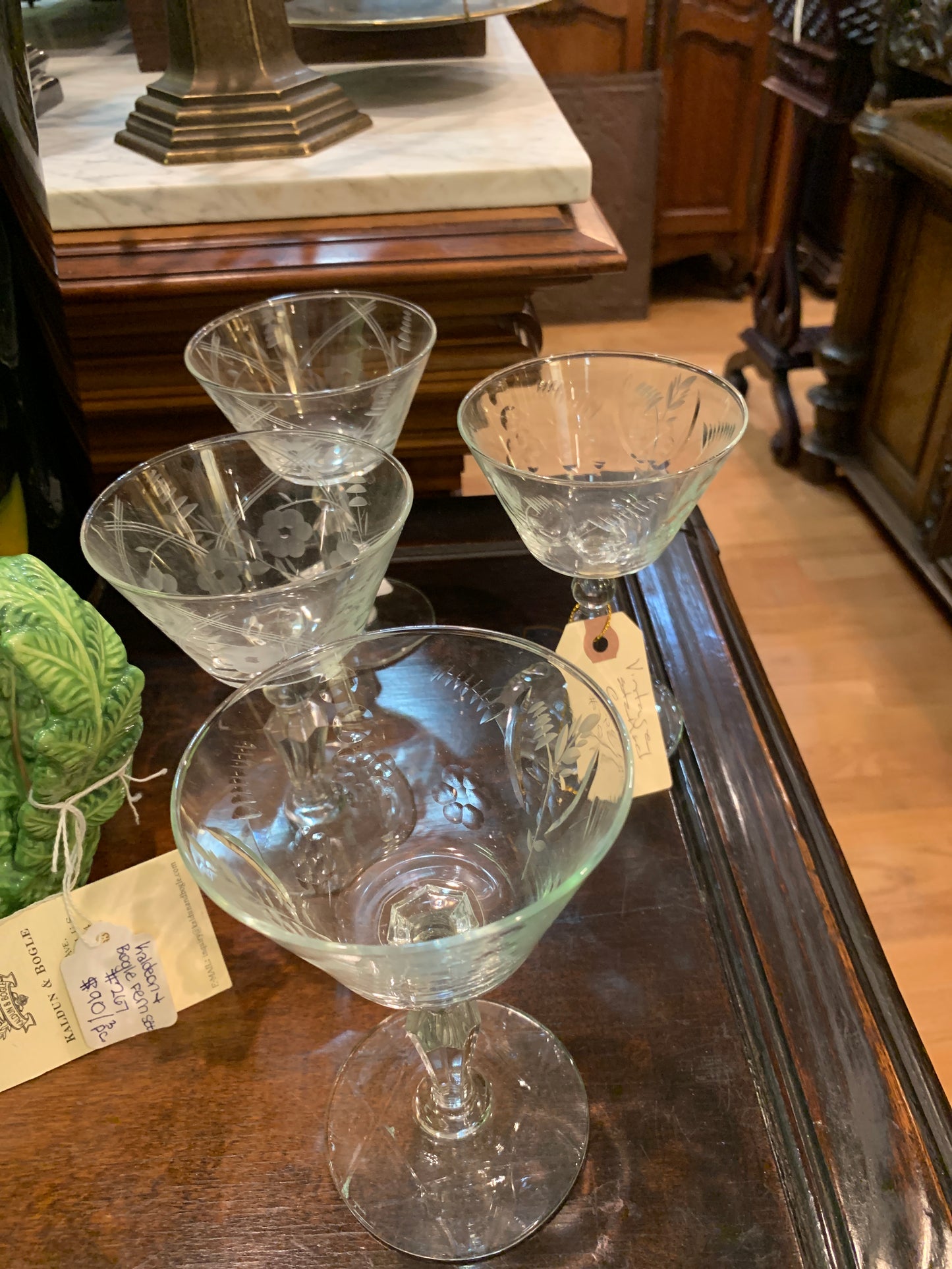 321. Vintage etched floral coupe pair