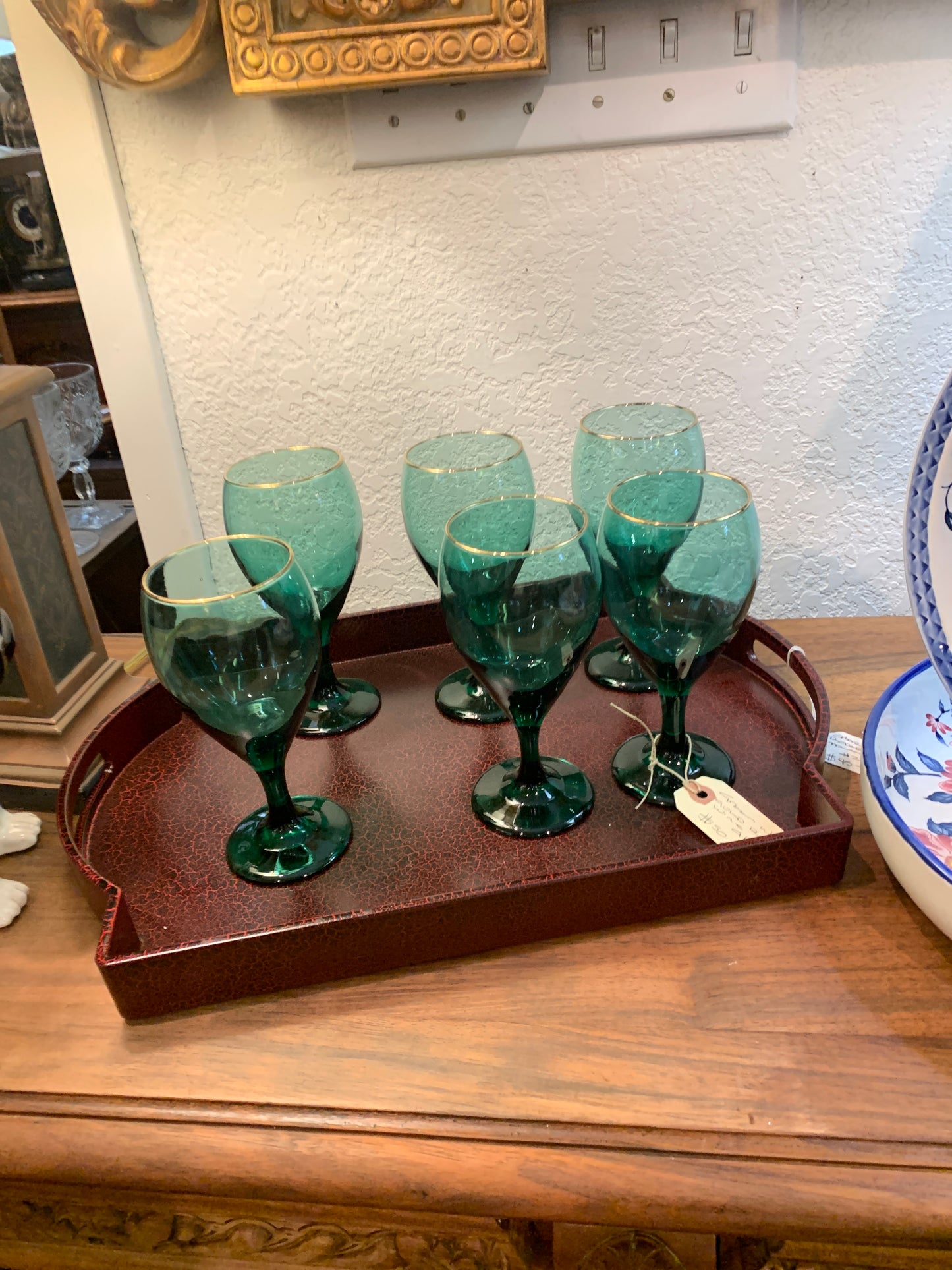 344. Green/ gold rim glasses /6