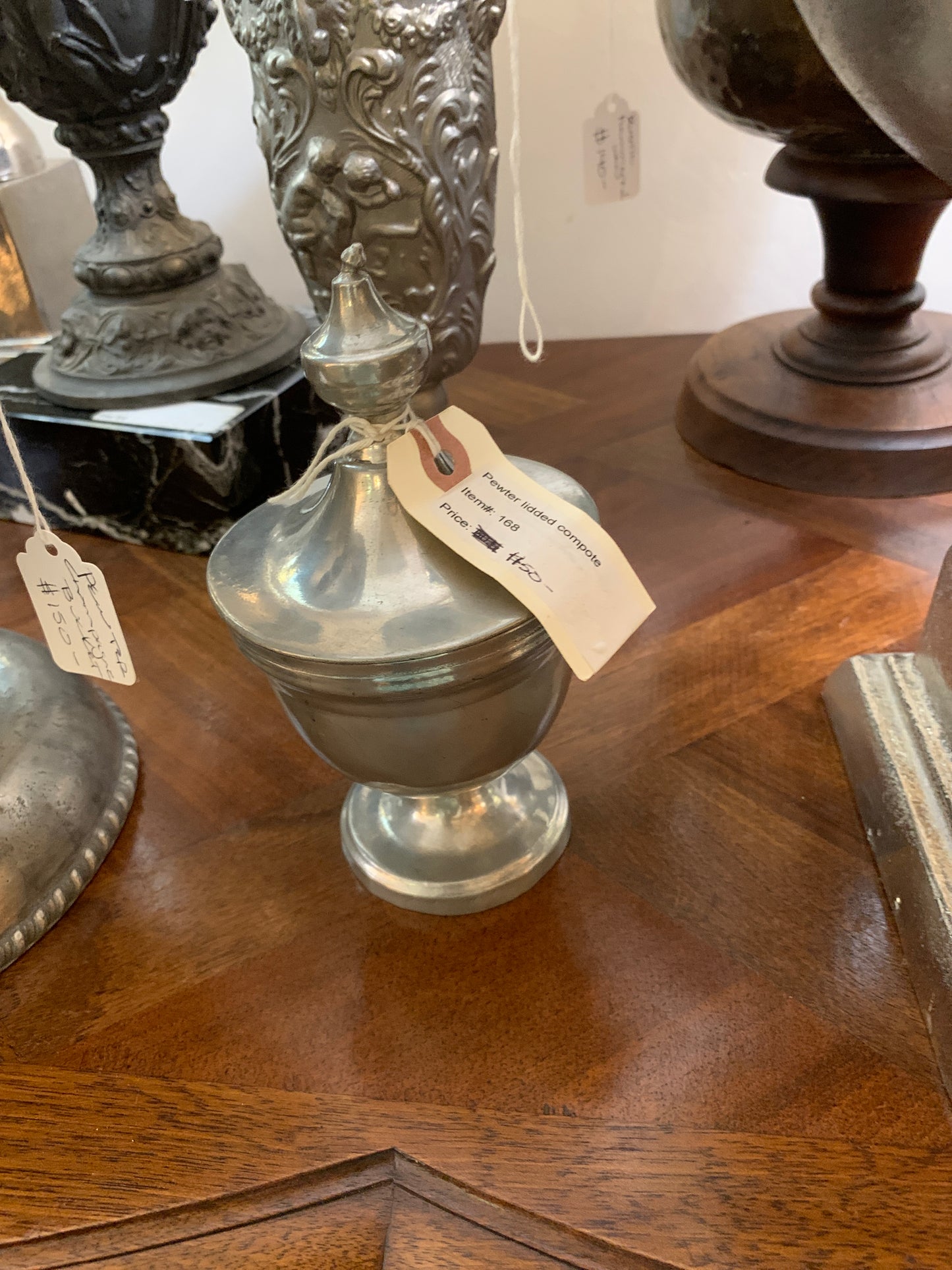 168. Pewter lidded compote