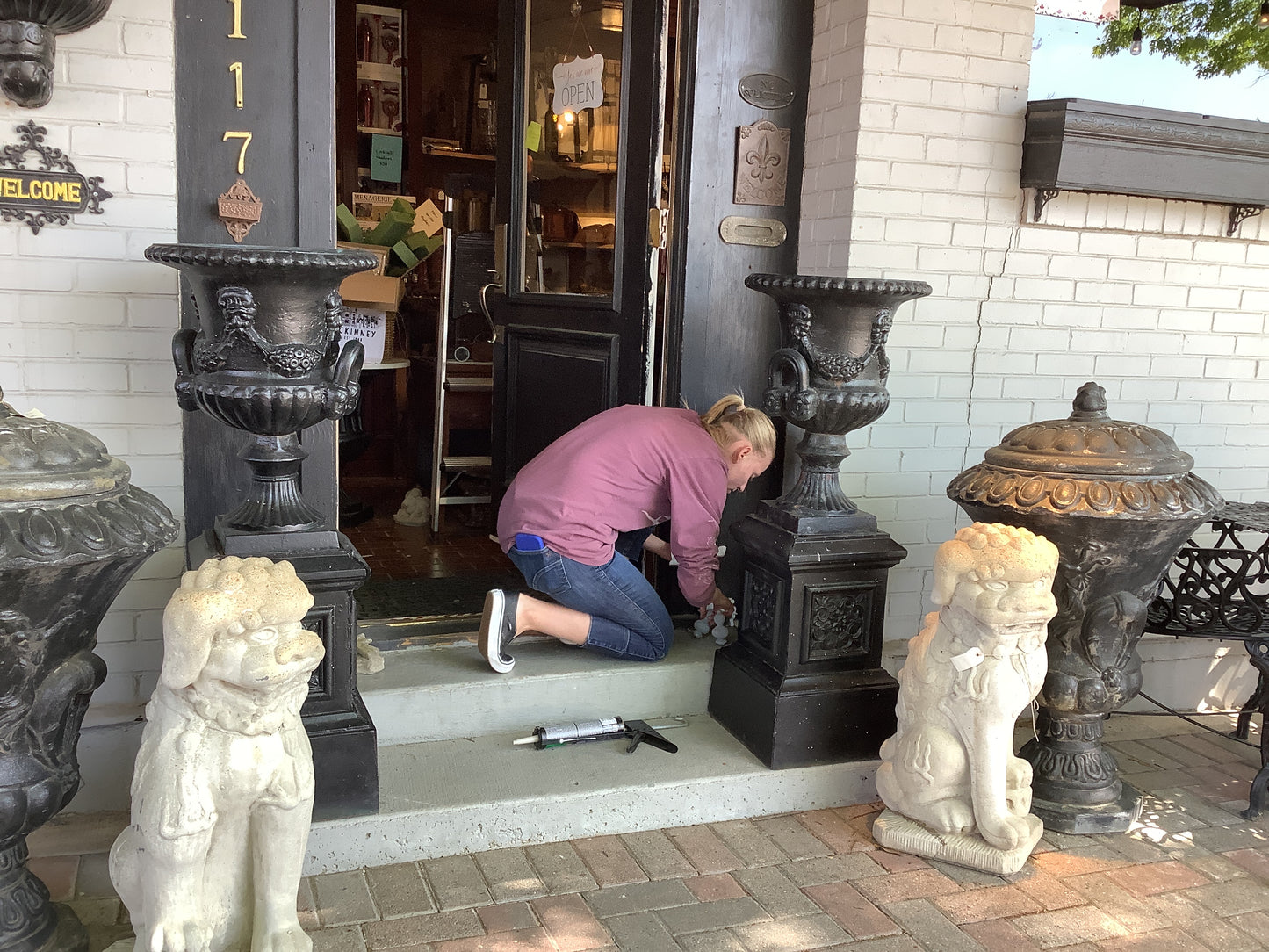 755. Cast iron urns on pedestals/ pair