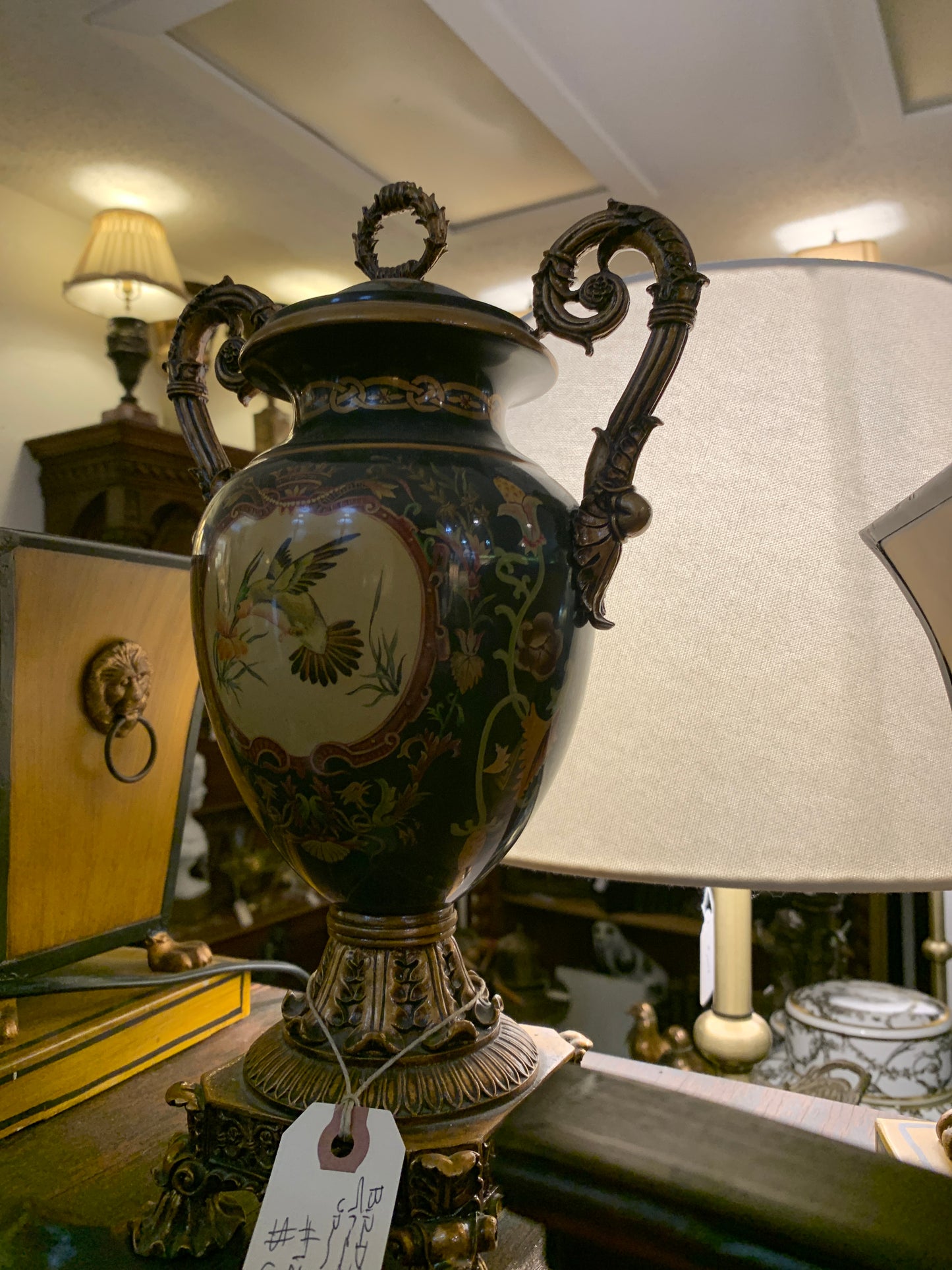 121. Green handled bird urn
