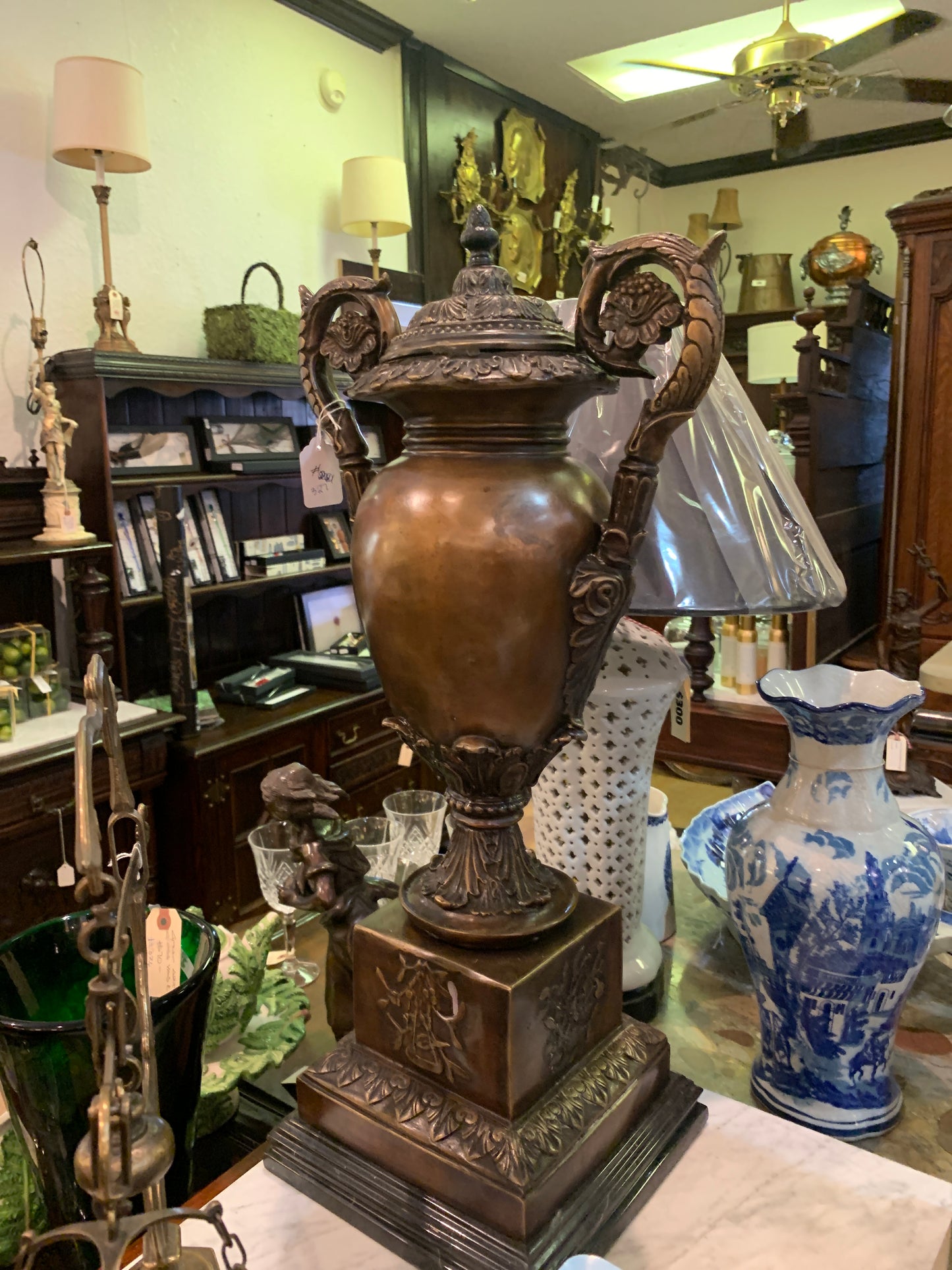 327. Heavy bronze / marble urns
