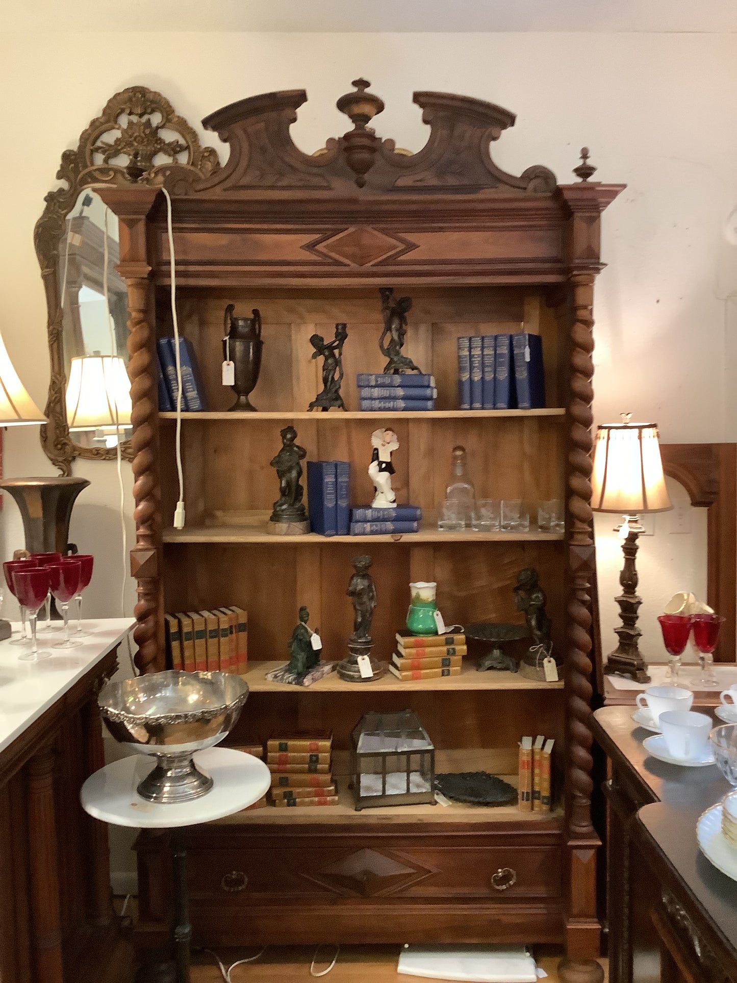 French barley twist bookcase glass doors