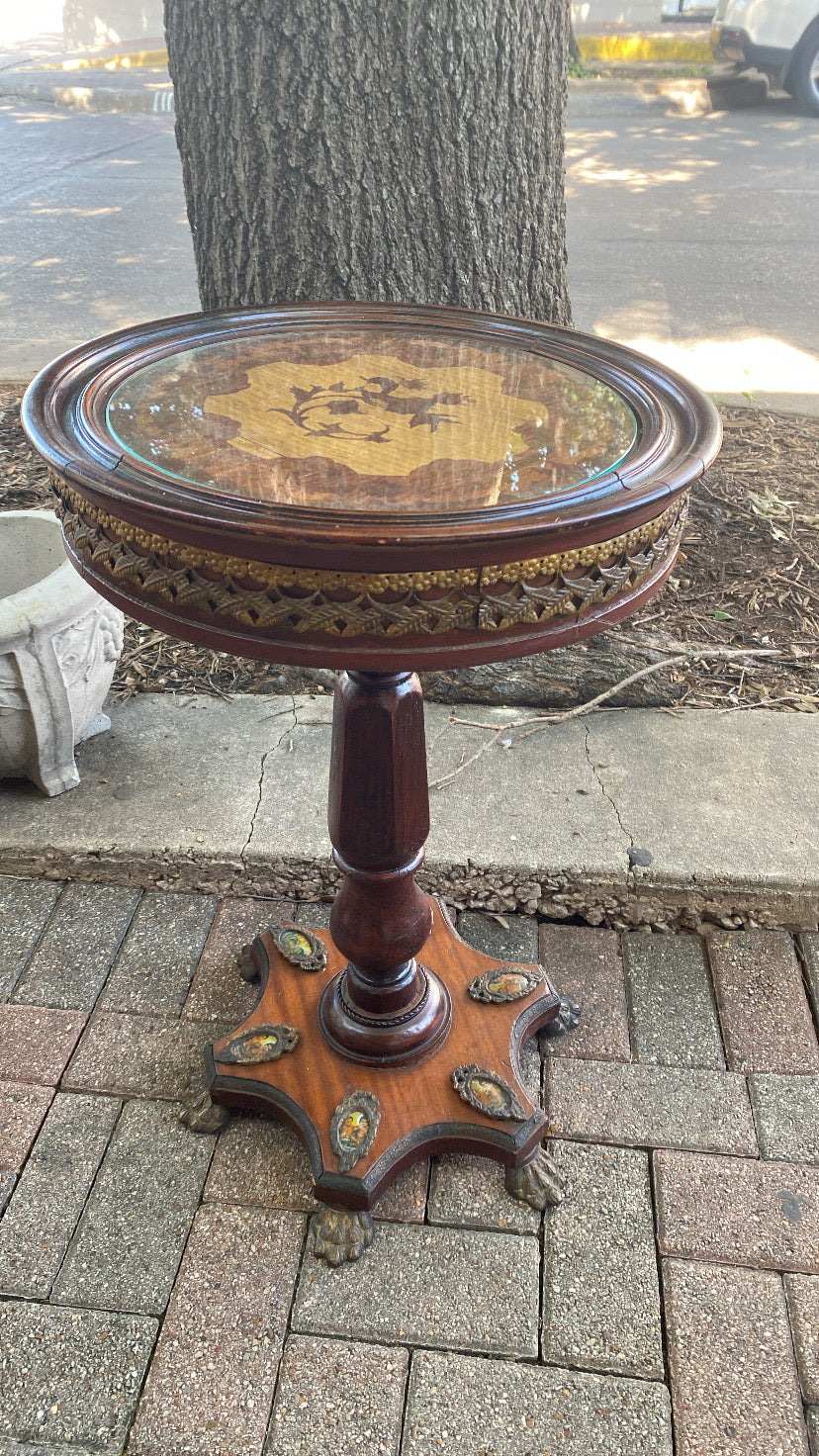 893. Glass top table with inlay