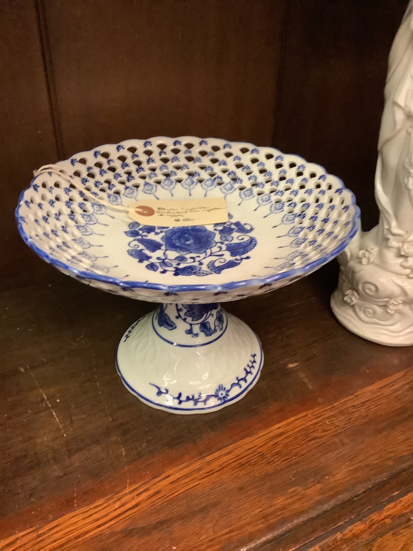 439. Blue+white pierced compote
