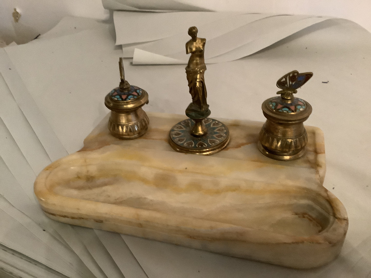 307. Marble/cloisonne inkwell
