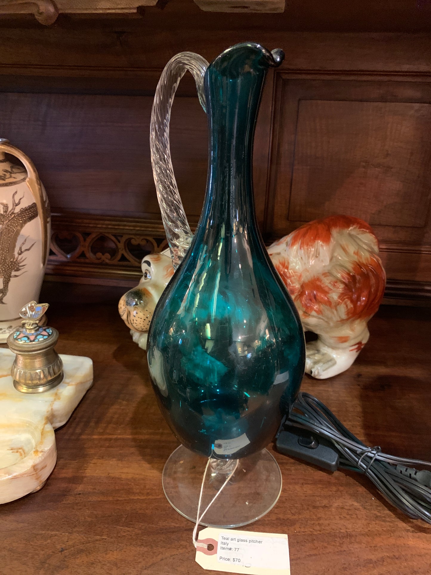 77. Teal art glass pitcher
