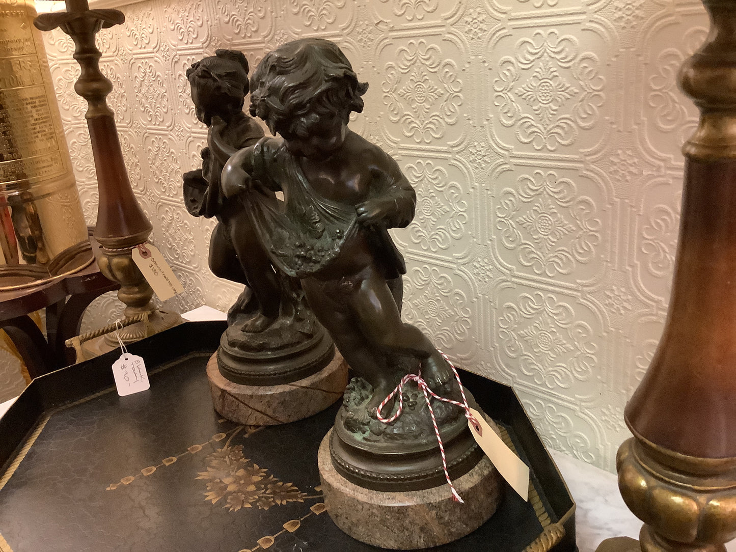 900. Boy/girl bronze on marble pair
